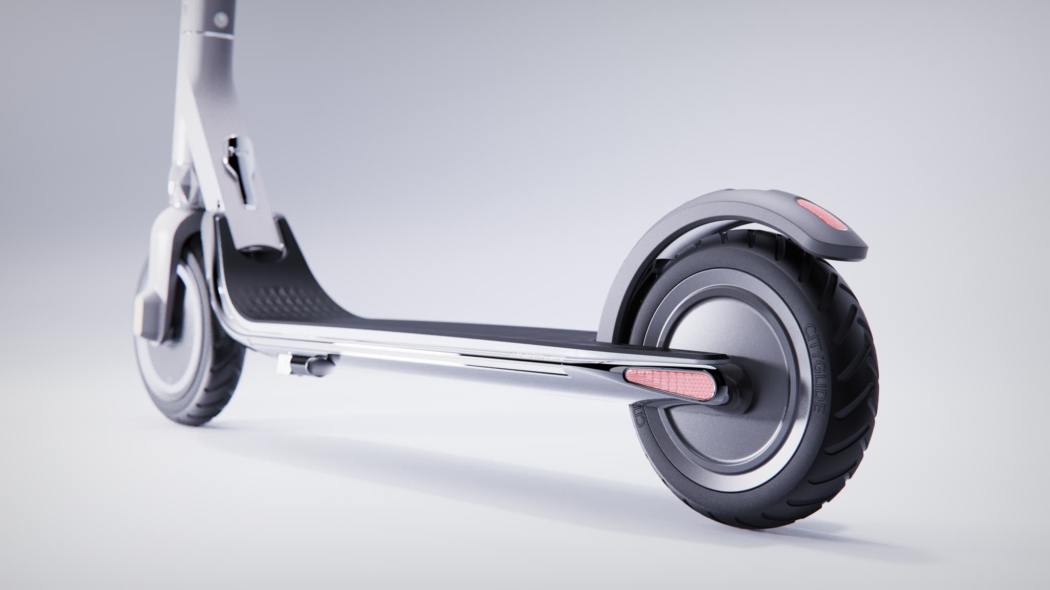 Electric scooter product render: rear wheel detail