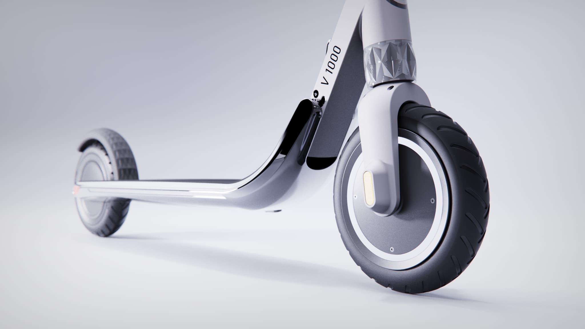 Electric scooter product render: front wheel and chassis