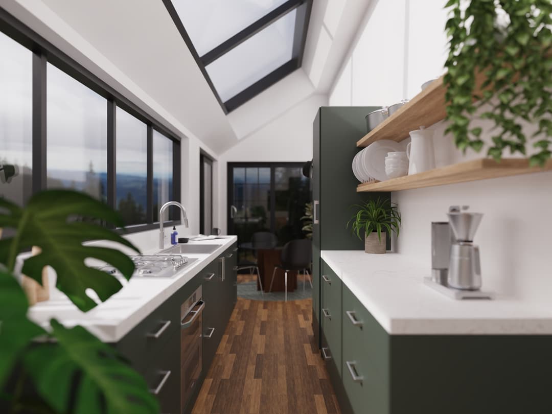 Kitchen render: Green Peaks colourway, Ice Kitchens