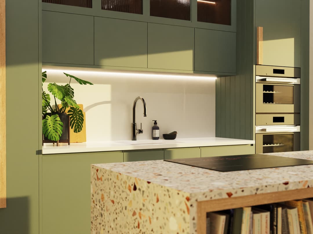 Kitchen render: handleless cabinetry and worktop