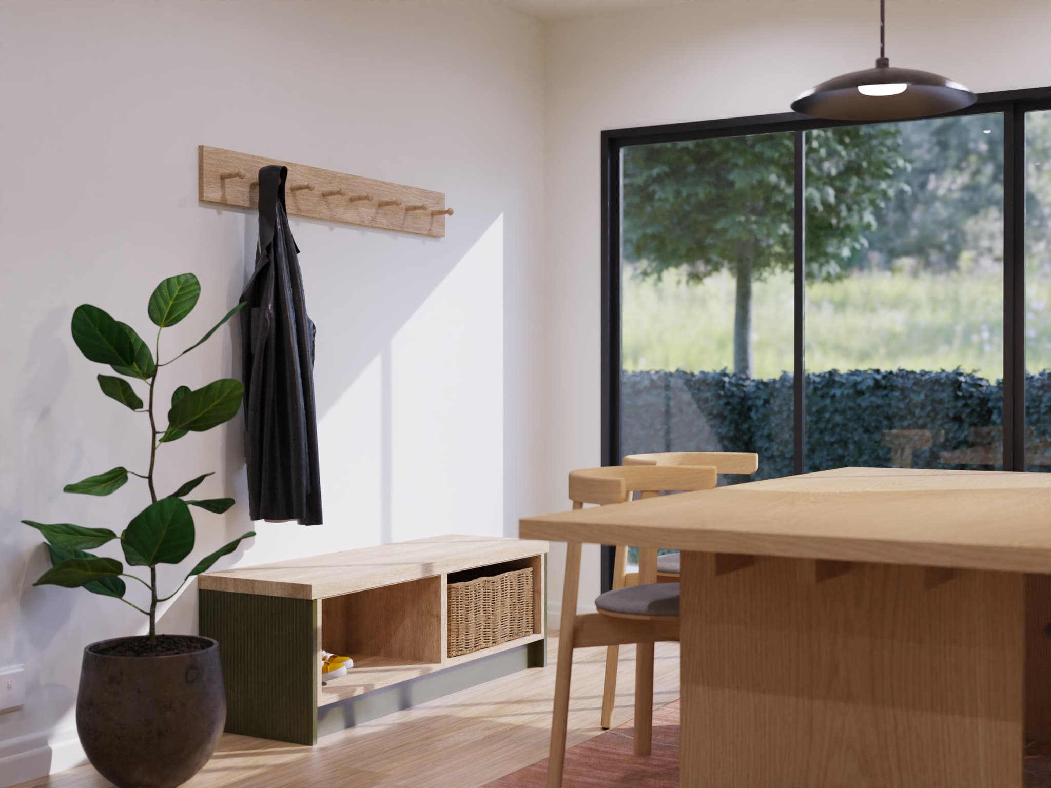 Residential interior render: hallway and dining area