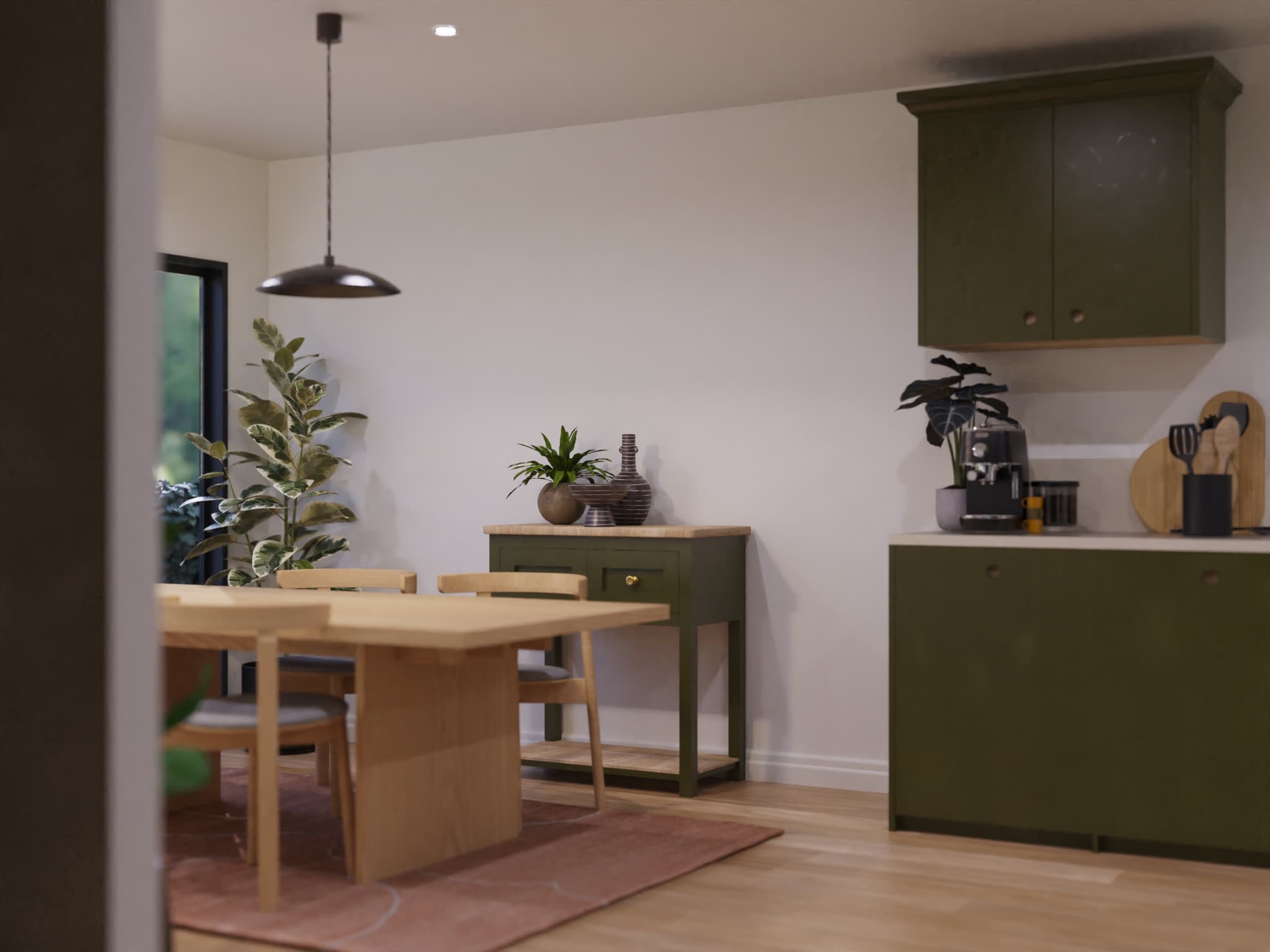 Open-plan residential interior render: kitchen and dining