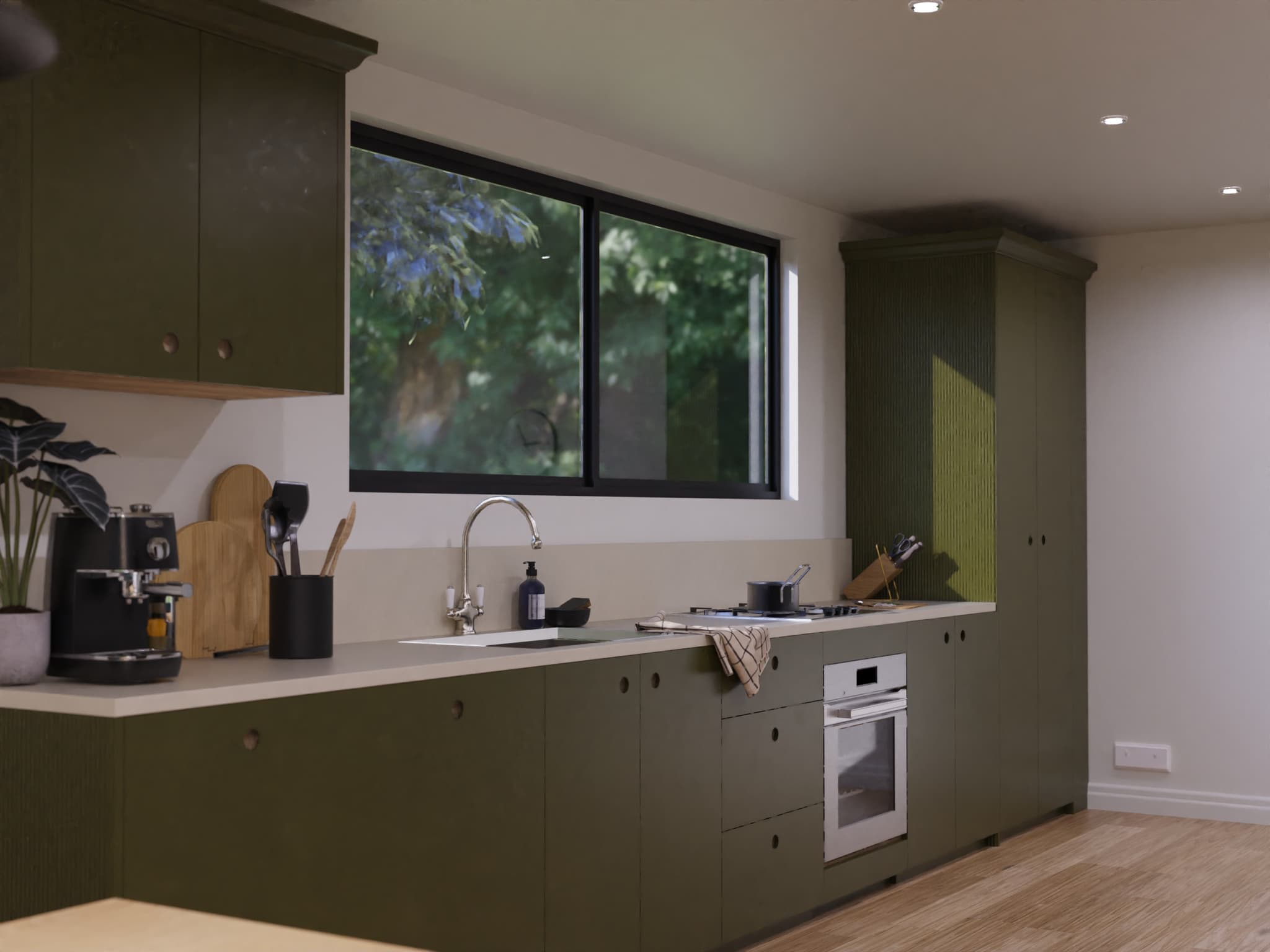 Photorealistic residential kitchen render: olive green cabinetry