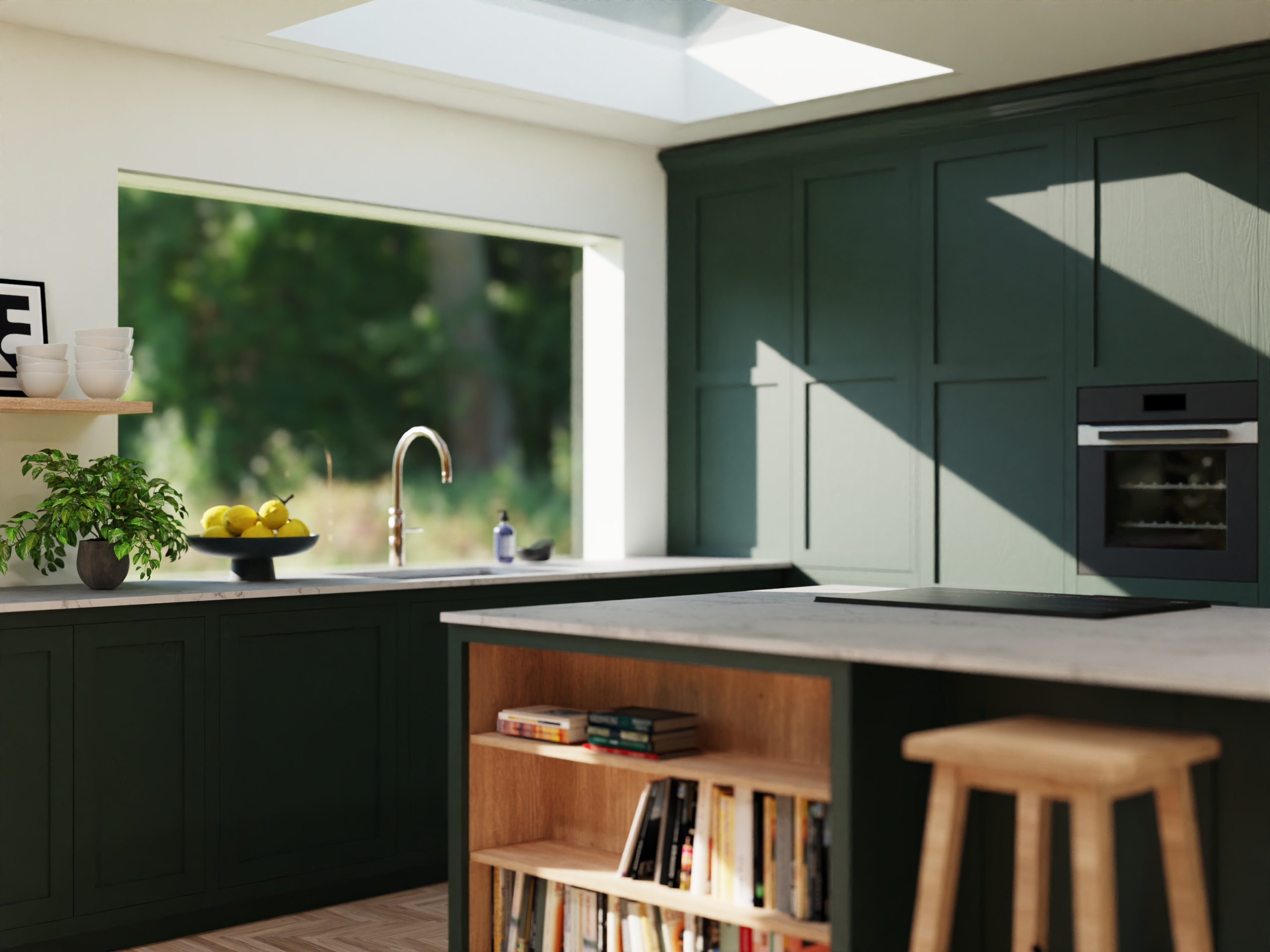 Open-plan kitchen visualisation.