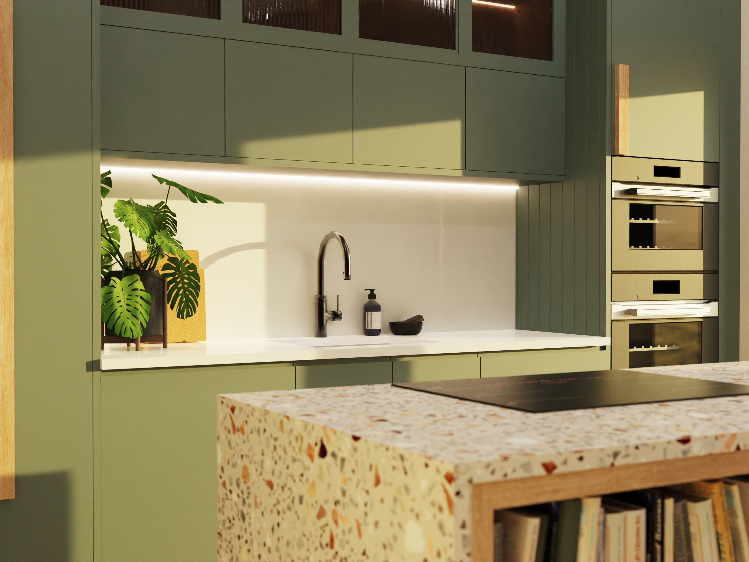 Kitchen render — handleless cabinetry and worktop.
